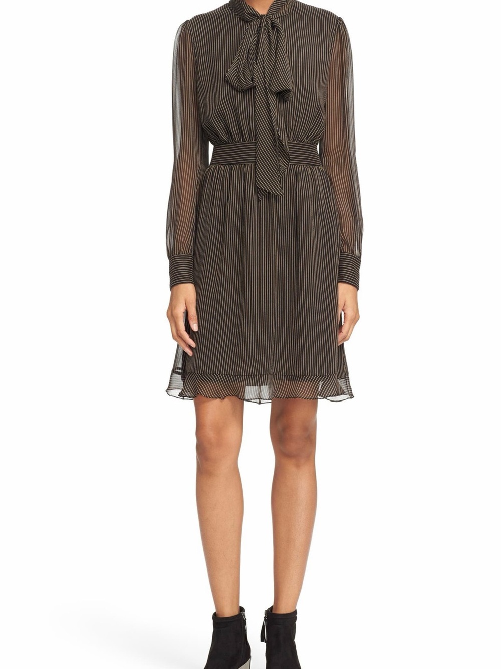 Diane von Furstenberg “Arabella” Silk Tie-Neck Long Sleeve Gold Pin Stripe Dress